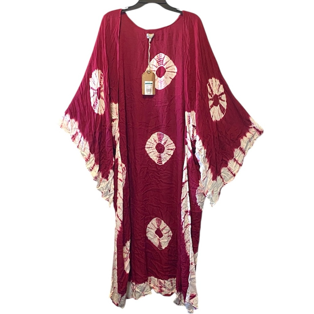True Craft Tie Dye Kimono NWT L/XL Red White Open Front Boho Duster Cover Up